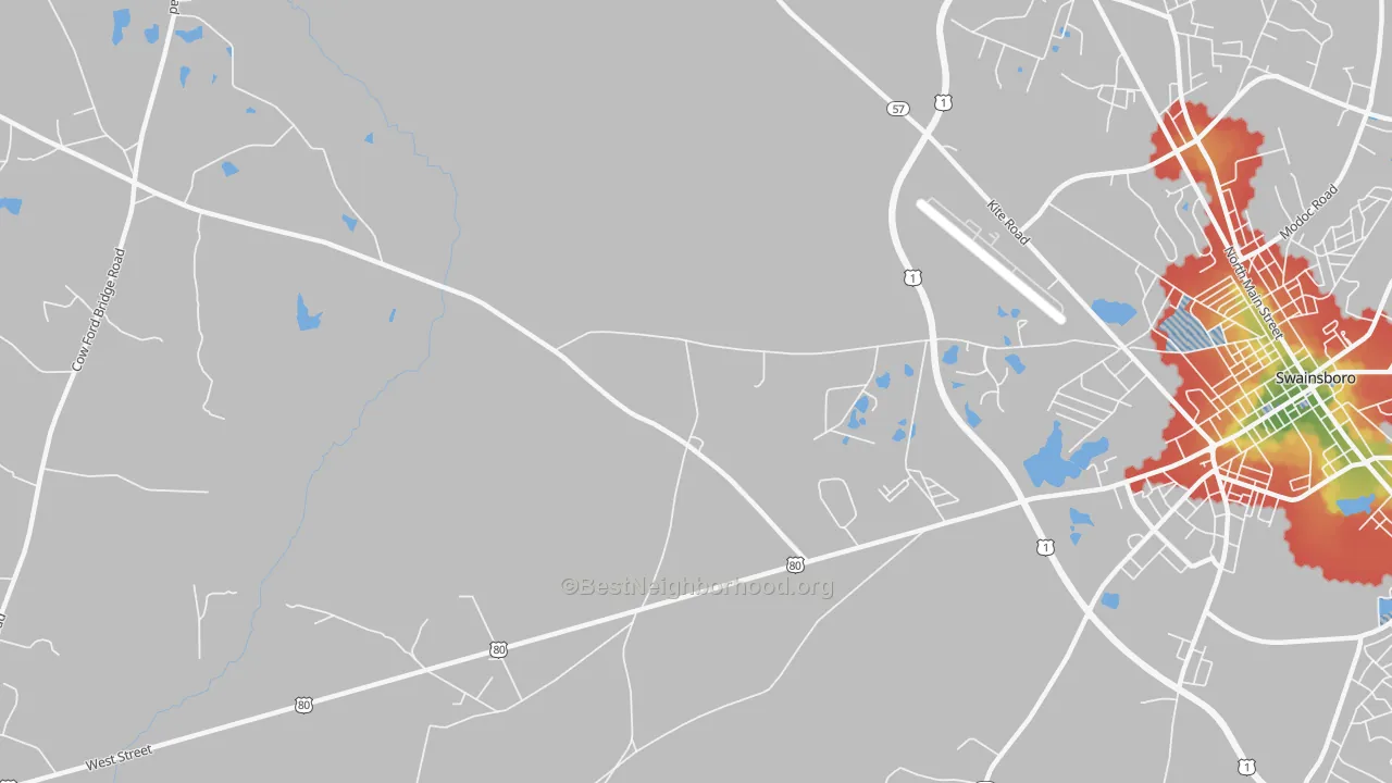 Walk Grade map of Lexsy, GA, walkable areas in green and car-dependent areas in red