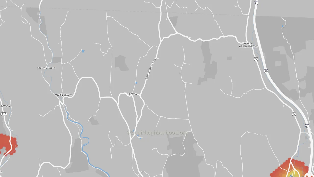 Walk Grade map of Leyden, MA, walkable areas in green and car-dependent areas in red