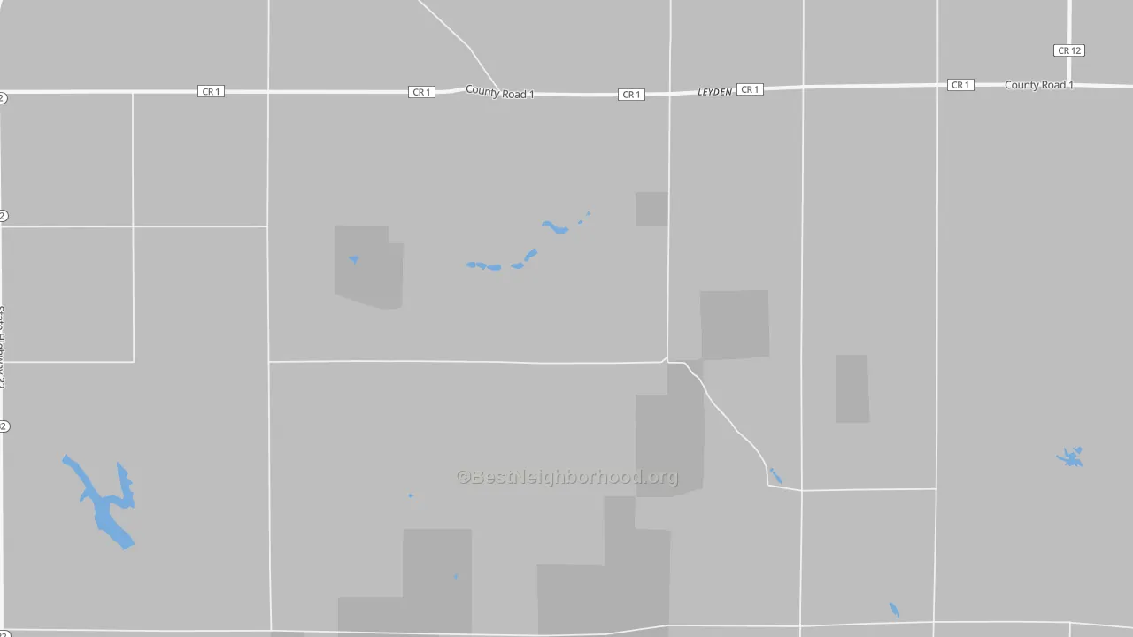 Walk Grade map of Leyden, ND, walkable areas in green and car-dependent areas in red