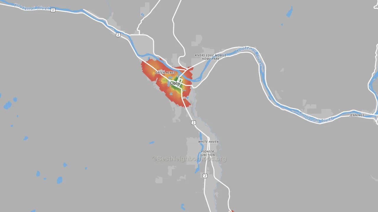 Walk Grade map of Libby, MT, walkable areas in green and car-dependent areas in red