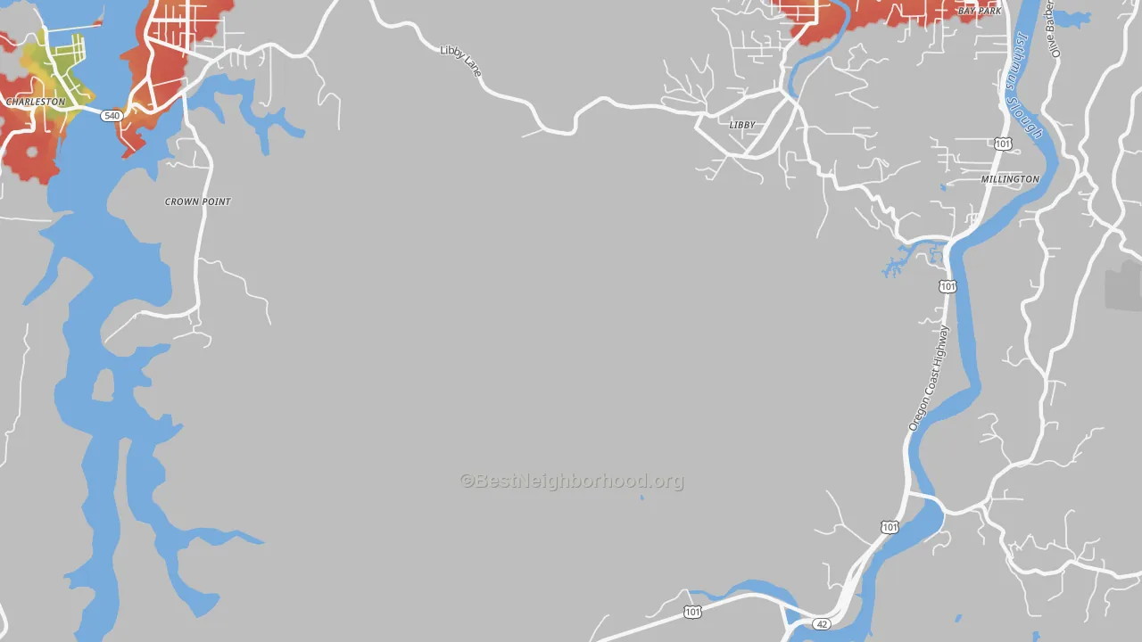 Walk Grade map of Libby, OR, walkable areas in green and car-dependent areas in red