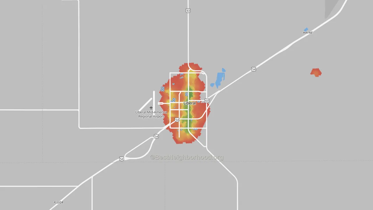 Walk Grade map of Liberal, KS, walkable areas in green and car-dependent areas in red