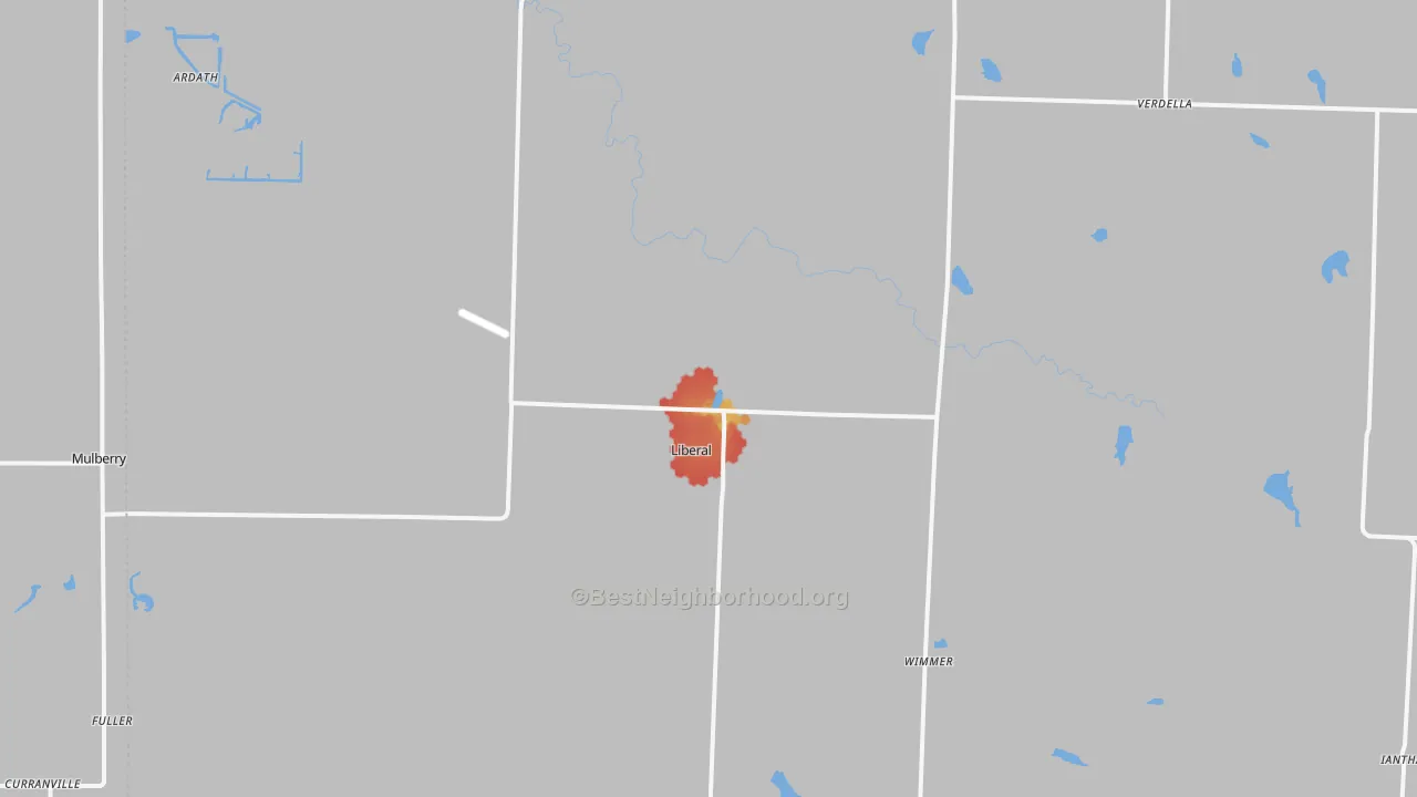 Walk Grade map of Liberal, MO, walkable areas in green and car-dependent areas in red