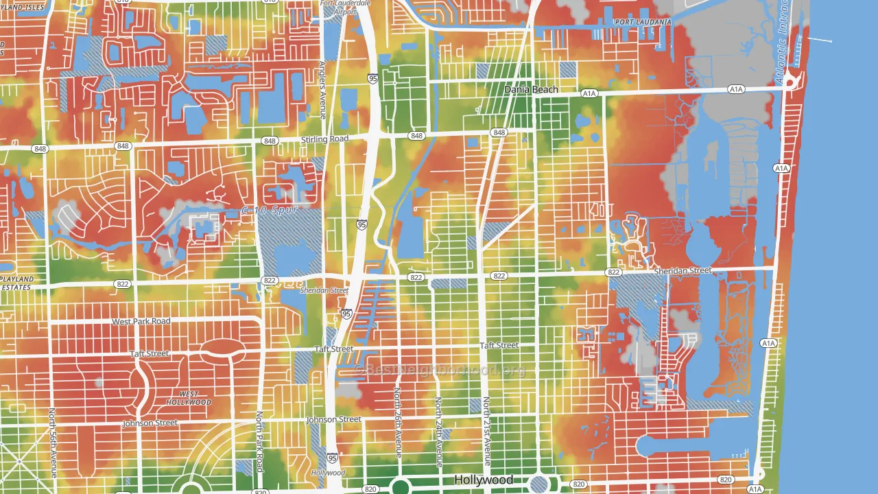 Walk Grade map of Liberia, Hollywood, FL, walkable areas in green and car-dependent areas in red
