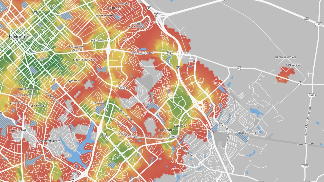 Walk Grade map of Liberty Area, Lexington, KY, walkable areas in green and car-dependent areas in red