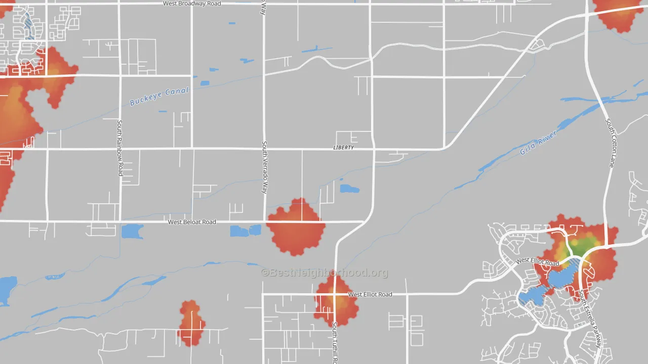 Walk Grade map of Liberty, AZ, walkable areas in green and car-dependent areas in red