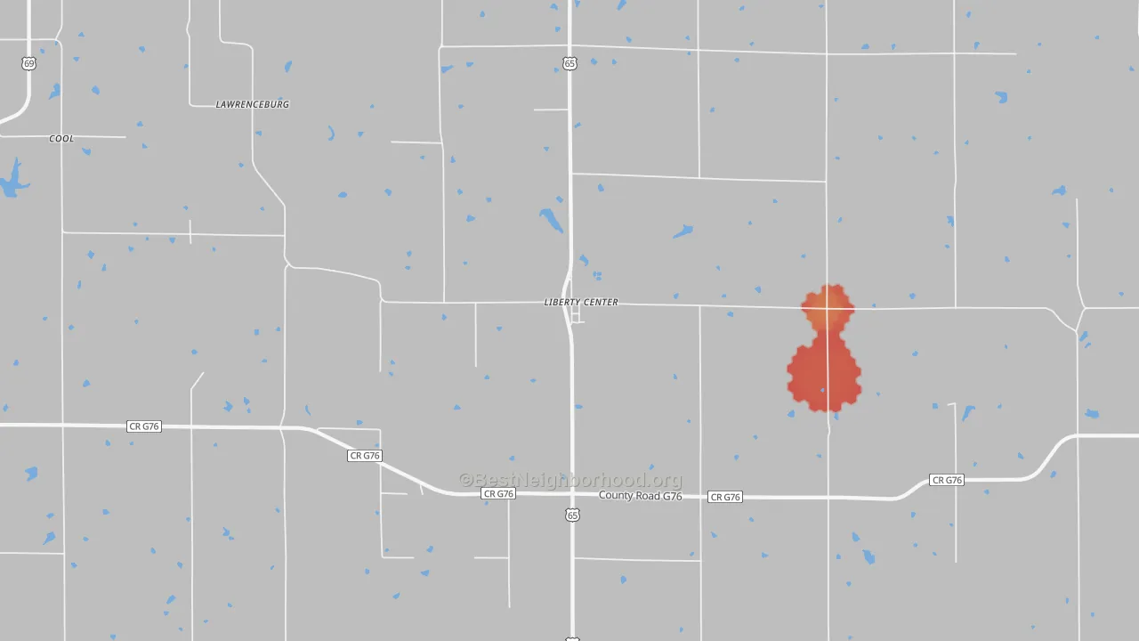 Walk Grade map of Liberty Center, IA, walkable areas in green and car-dependent areas in red