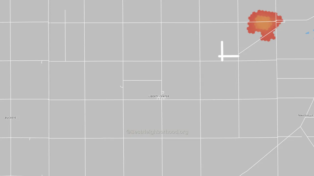 Walk Grade map of Liberty Center, IN, walkable areas in green and car-dependent areas in red