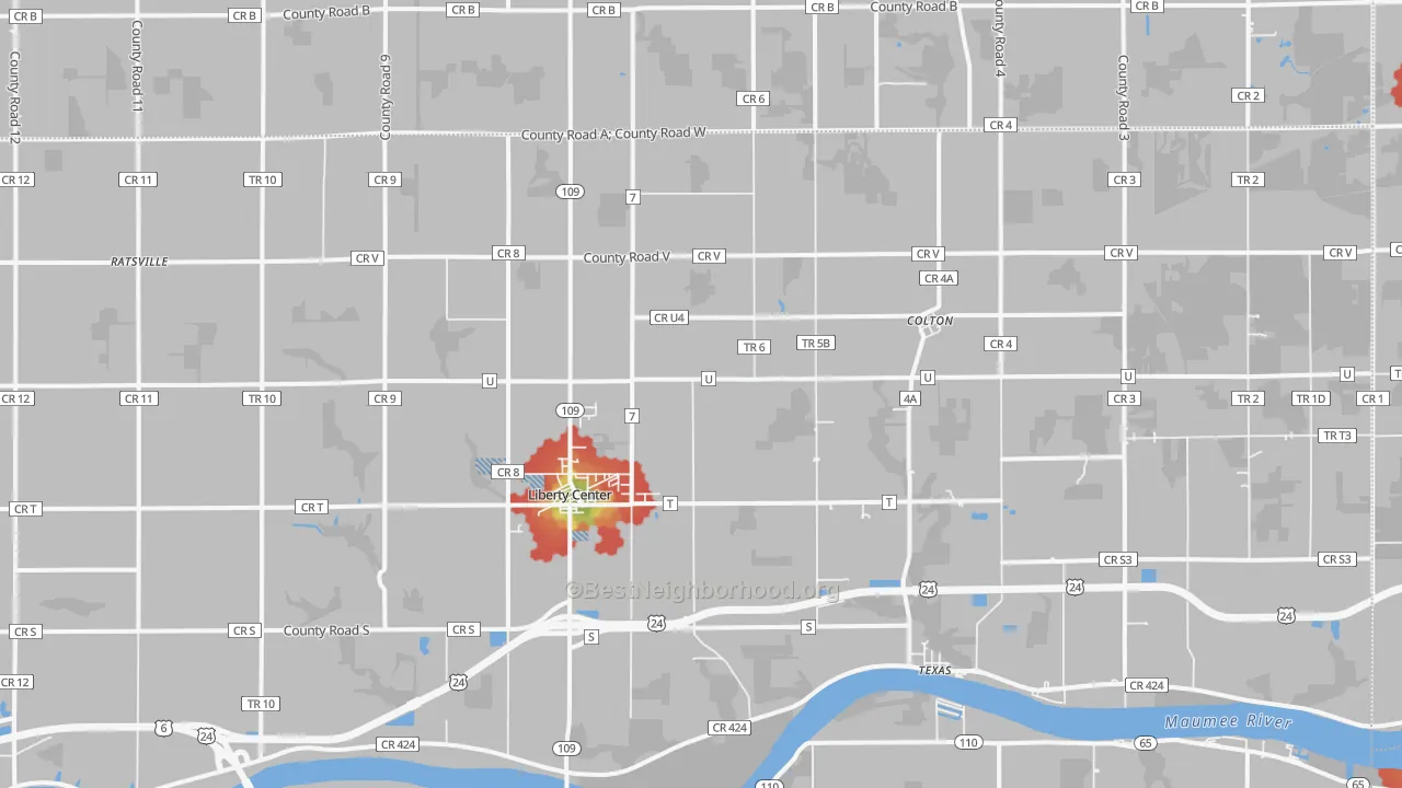 Walk Grade map of Liberty Center, OH, walkable areas in green and car-dependent areas in red