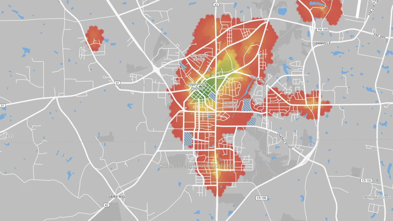 Walk Grade map of Liberty City, TX, walkable areas in green and car-dependent areas in red