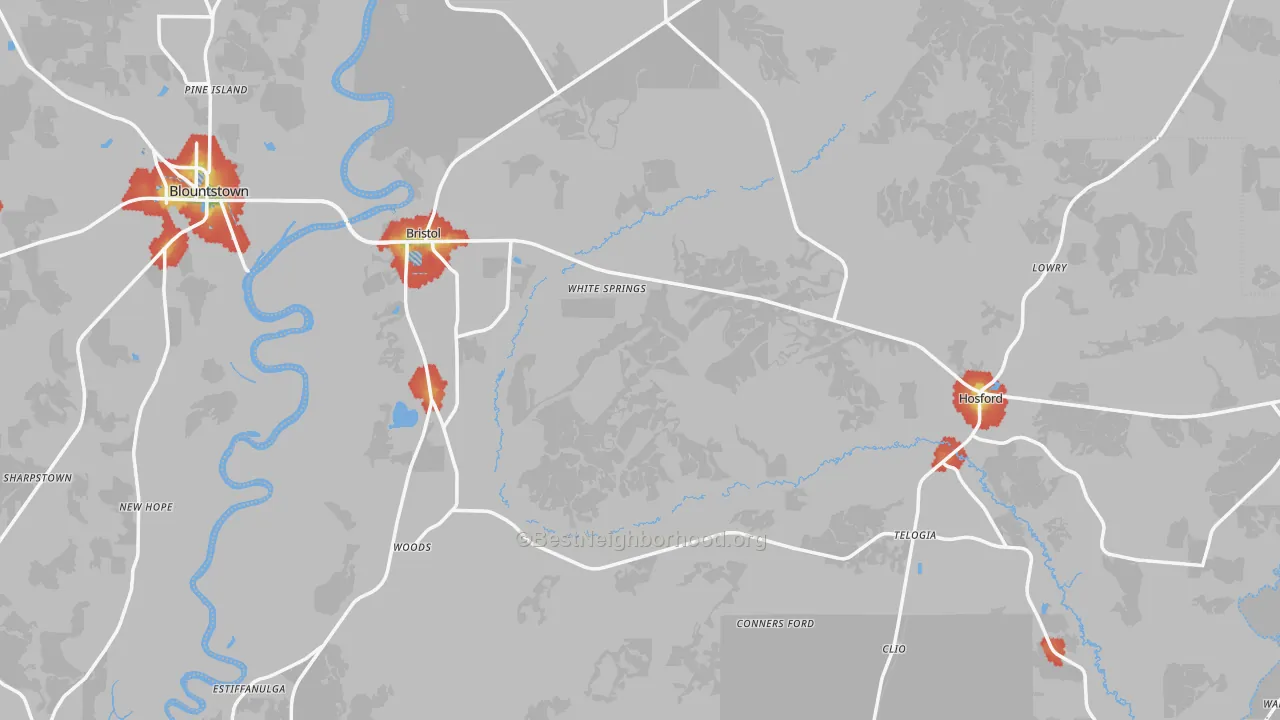 Walk Grade map of Liberty County, FL, walkable areas in green and car-dependent areas in red