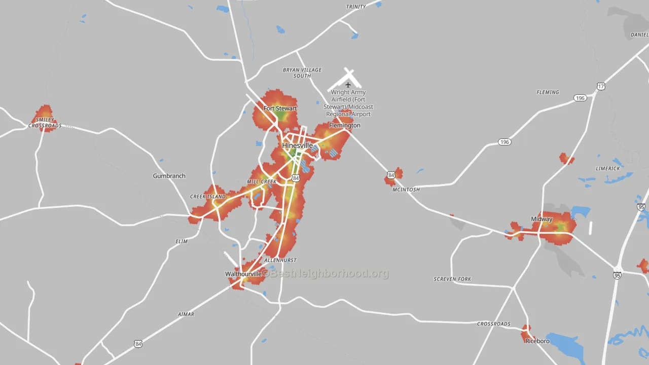 Walk Grade map of Liberty County, GA, walkable areas in green and car-dependent areas in red