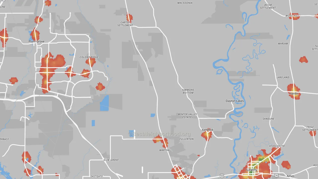 Walk Grade map of Liberty County, TX, walkable areas in green and car-dependent areas in red