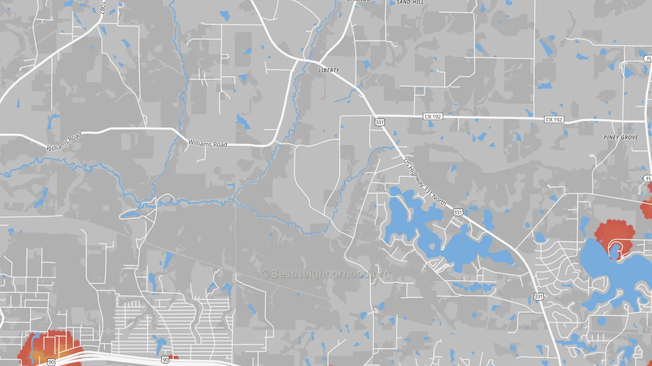 Walk Grade map of Liberty, FL, walkable areas in green and car-dependent areas in red