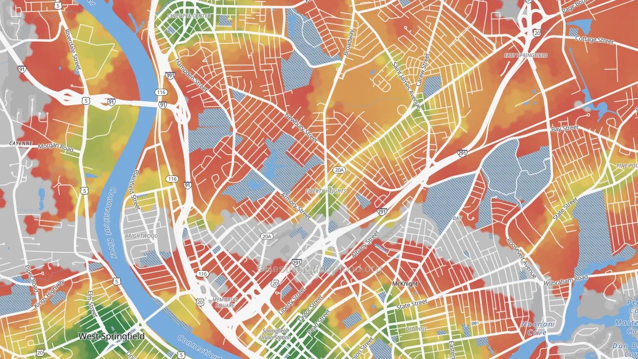 Walk Grade map of Liberty Heights, Springfield, MA, walkable areas in green and car-dependent areas in red