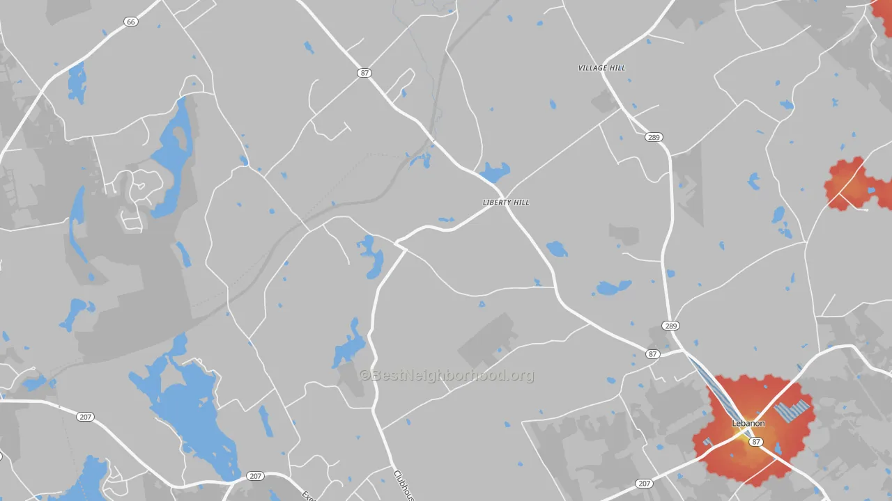 Walk Grade map of Liberty Hill, CT, walkable areas in green and car-dependent areas in red