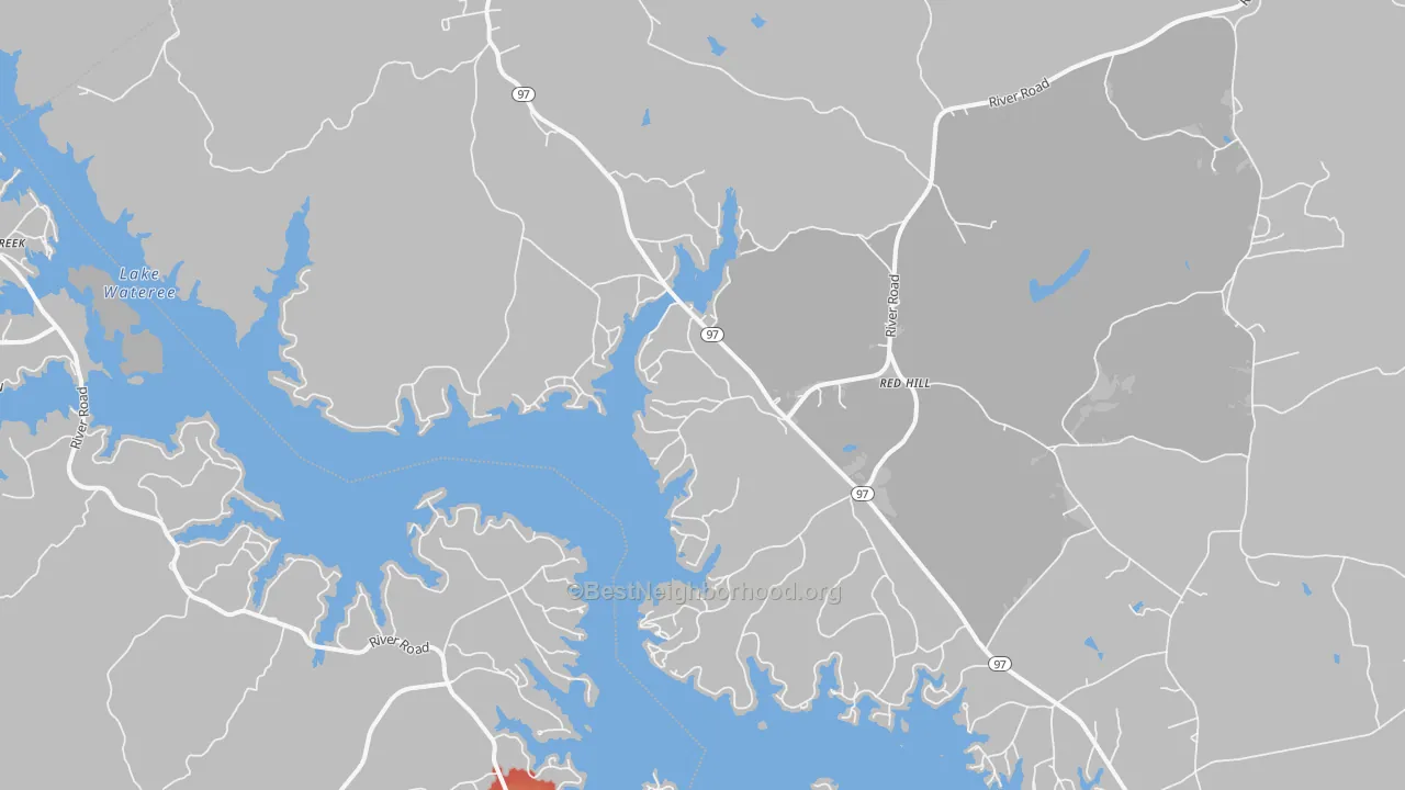 Walk Grade map of Liberty Hill, SC, walkable areas in green and car-dependent areas in red