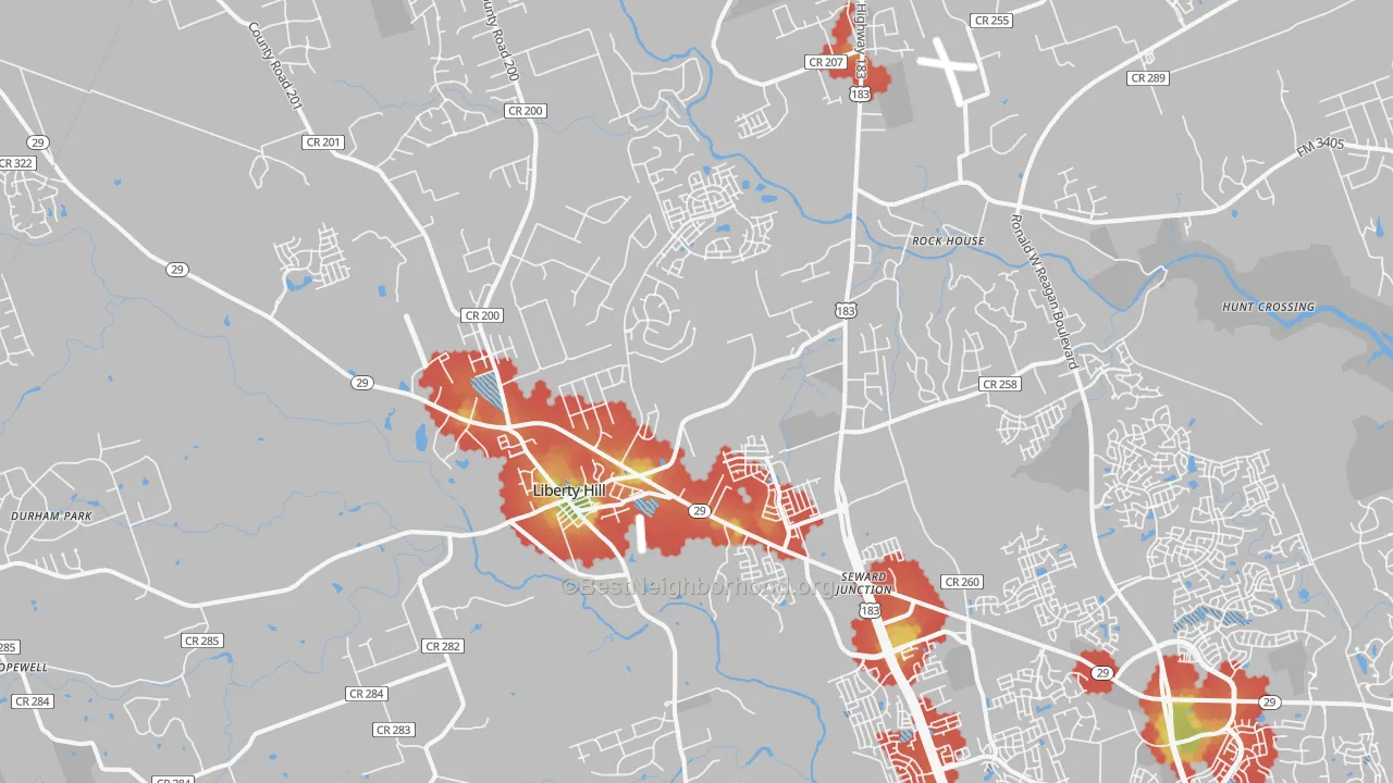 Walk Grade map of Liberty Hill, TX, walkable areas in green and car-dependent areas in red