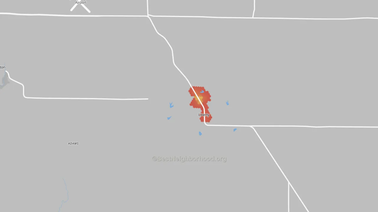 Walk Grade map of Liberty, IL, walkable areas in green and car-dependent areas in red