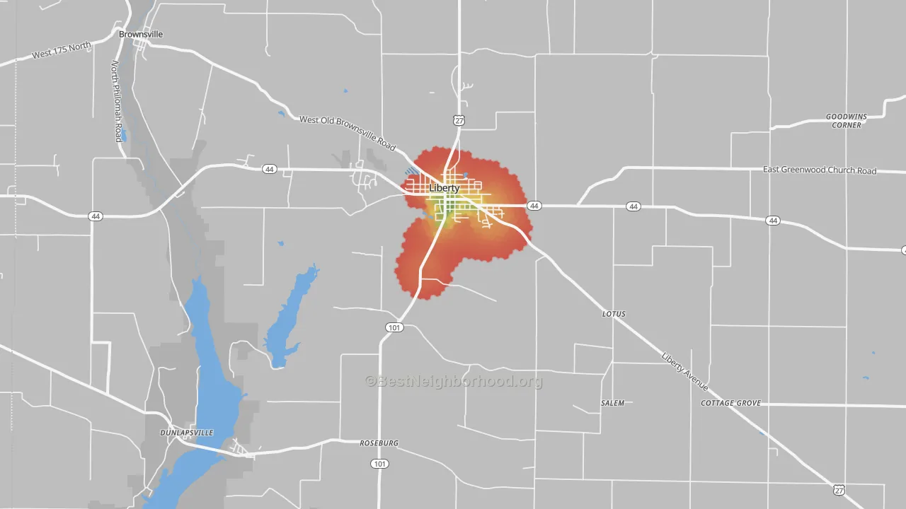 Walk Grade map of Liberty, IN, walkable areas in green and car-dependent areas in red