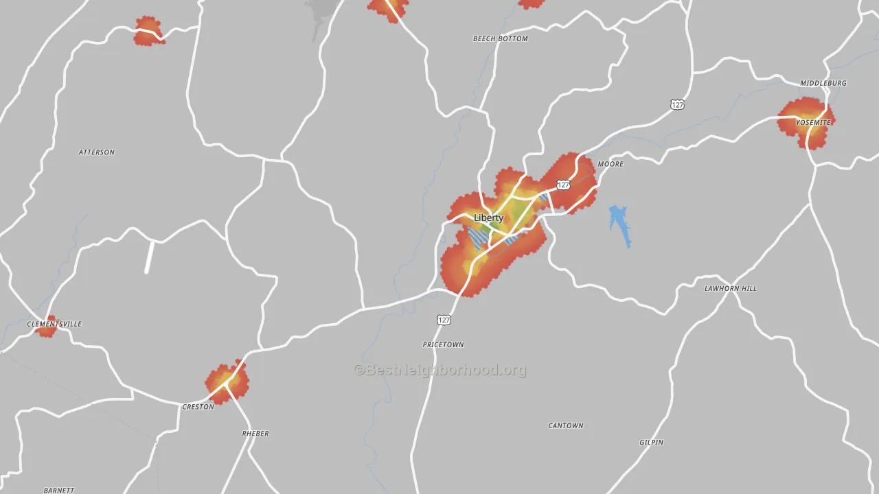 Walk Grade map of Liberty, KY, walkable areas in green and car-dependent areas in red