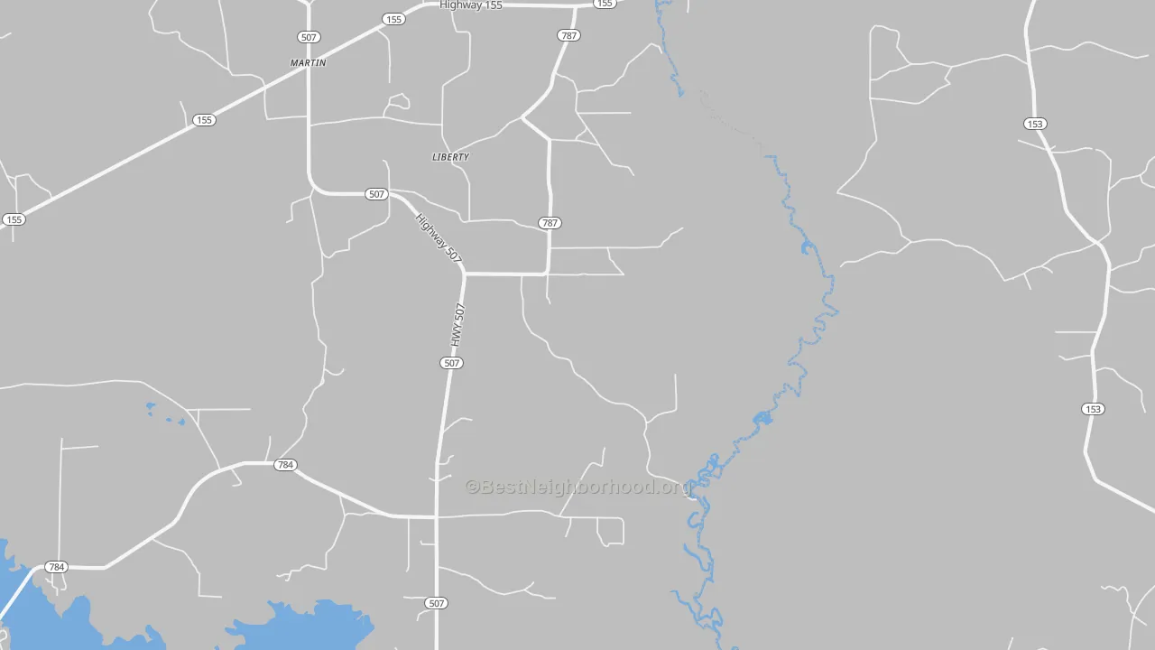 Walk Grade map of Liberty, LA, walkable areas in green and car-dependent areas in red