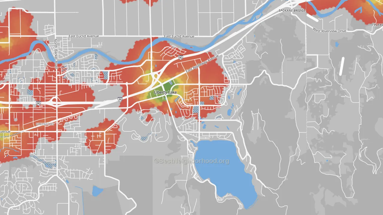 Walk Grade map of Liberty Lake, WA, walkable areas in green and car-dependent areas in red