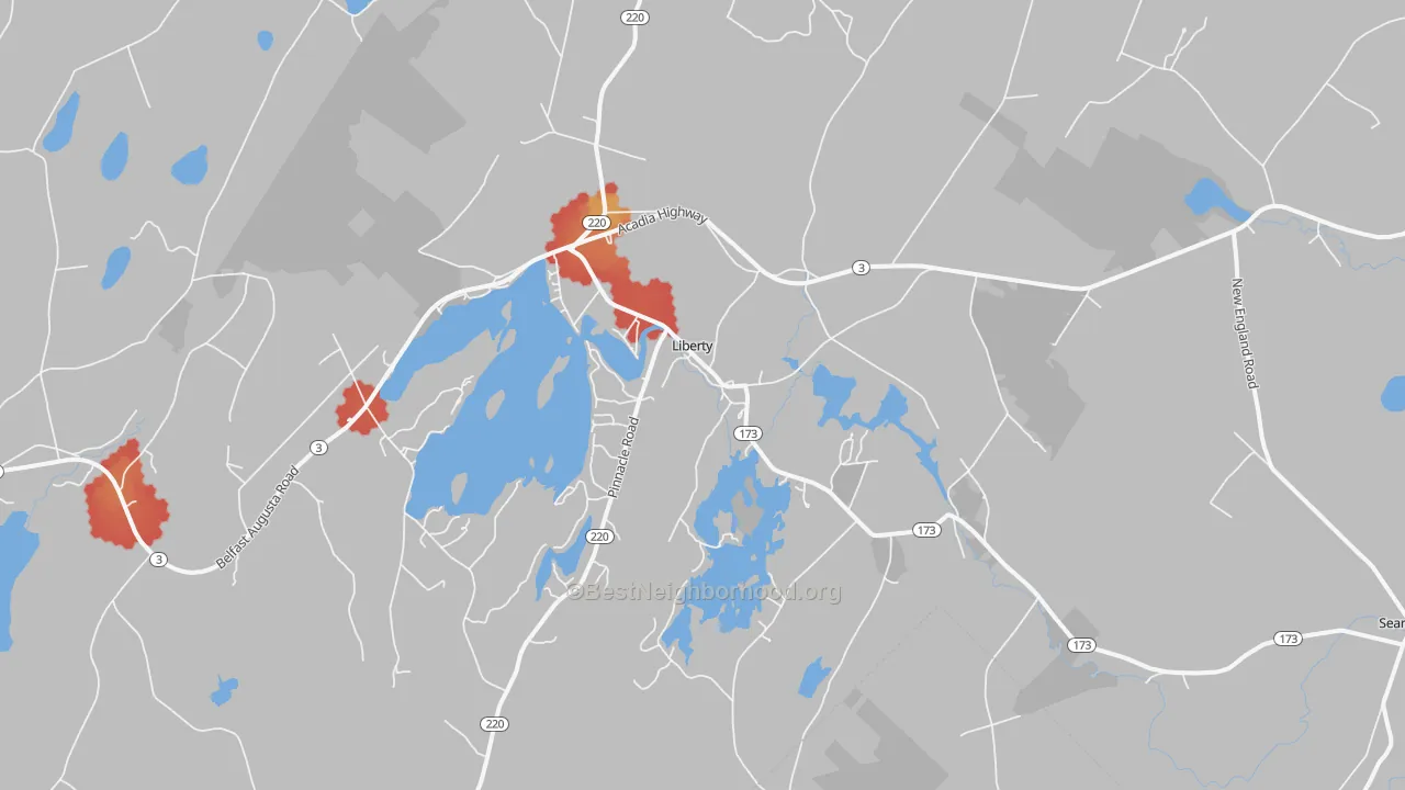 Walk Grade map of Liberty, ME, walkable areas in green and car-dependent areas in red