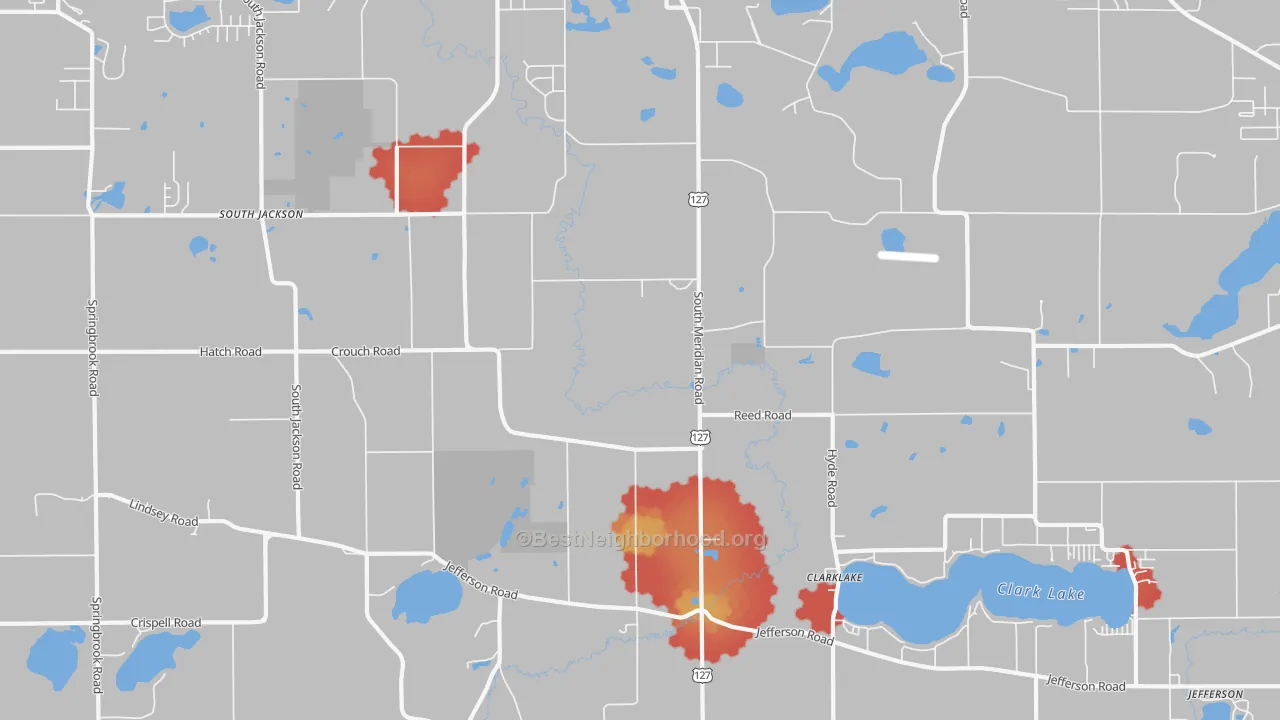 Walk Grade map of Liberty, MI, walkable areas in green and car-dependent areas in red