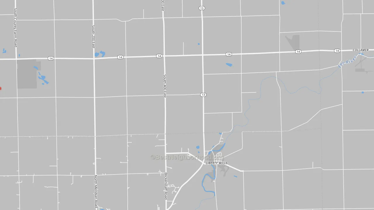 Walk Grade map of Liberty Mills, IN, walkable areas in green and car-dependent areas in red