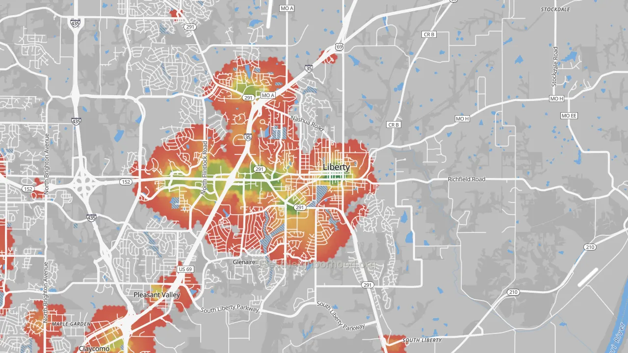 Walk Grade map of Liberty, MO, walkable areas in green and car-dependent areas in red