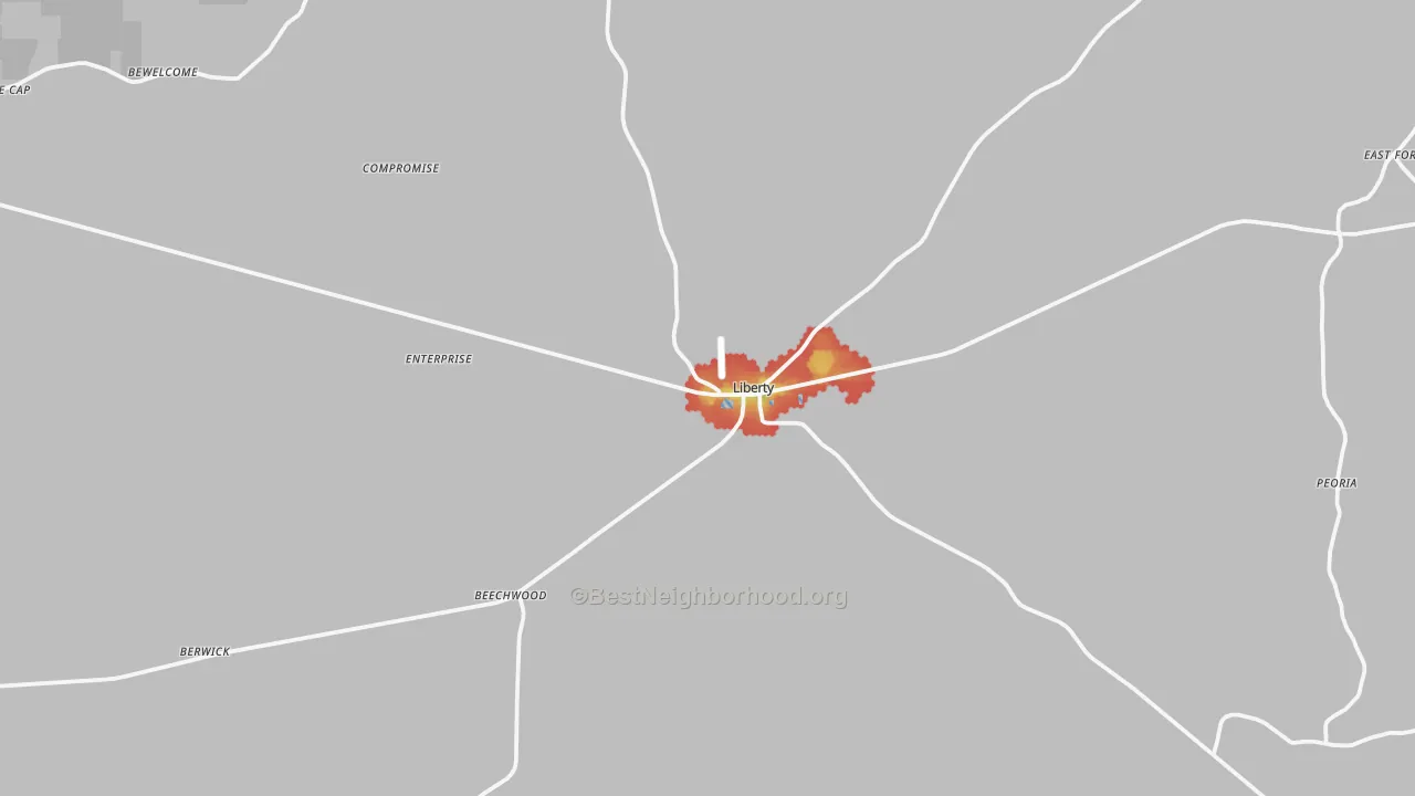 Walk Grade map of Liberty, MS, walkable areas in green and car-dependent areas in red