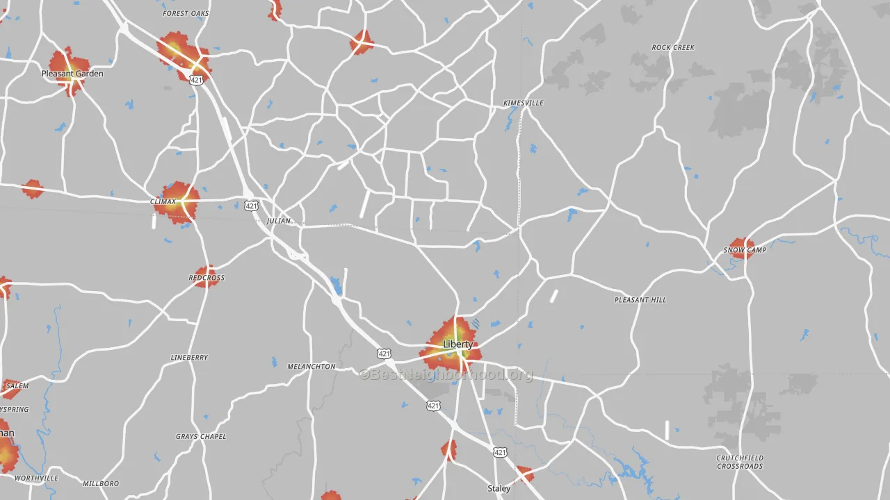 Walk Grade map of Liberty, NC, walkable areas in green and car-dependent areas in red