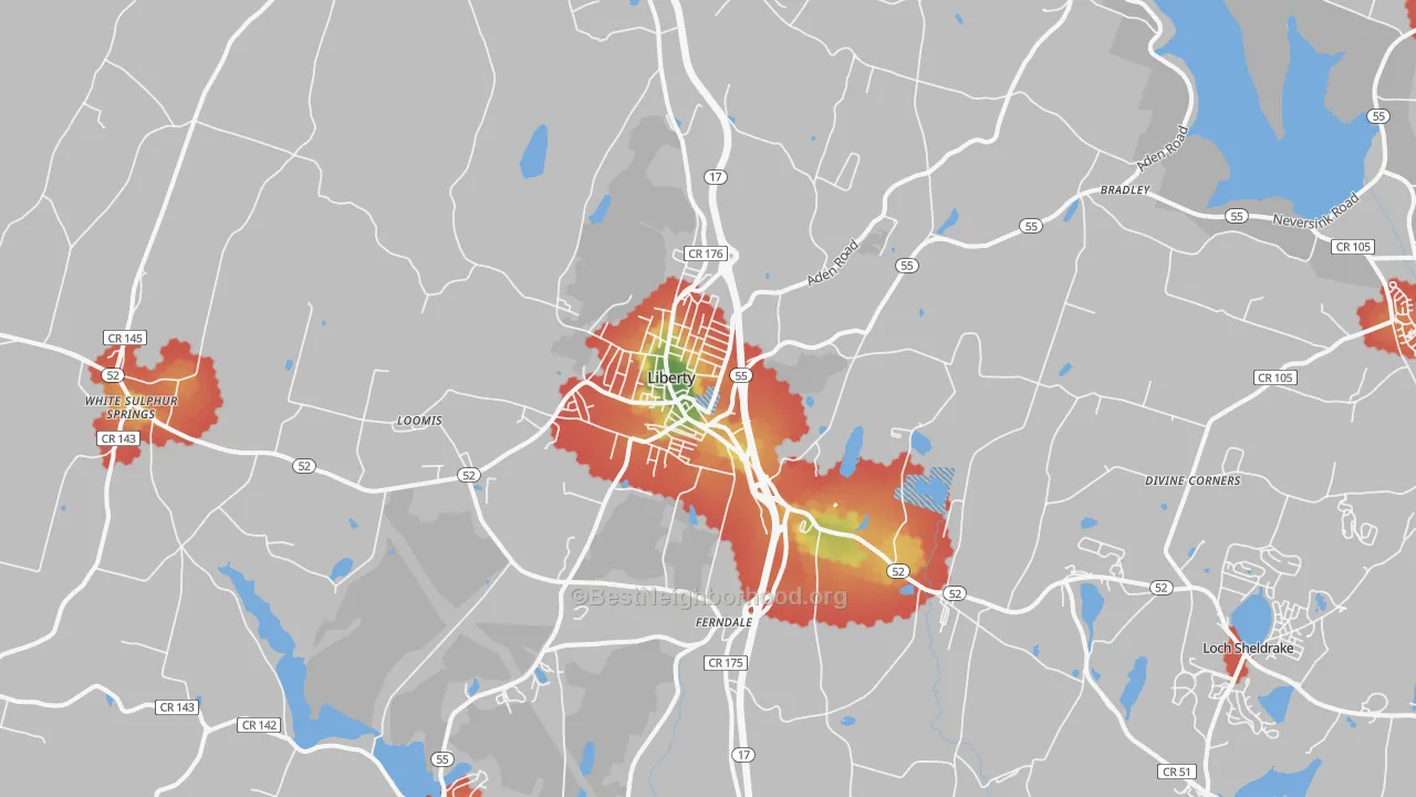 Walk Grade map of Liberty, NY, walkable areas in green and car-dependent areas in red