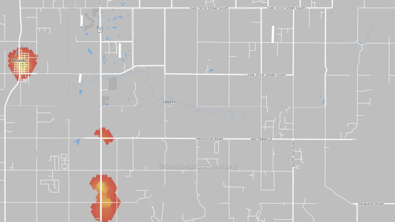Walk Grade map of Liberty, OK, walkable areas in green and car-dependent areas in red