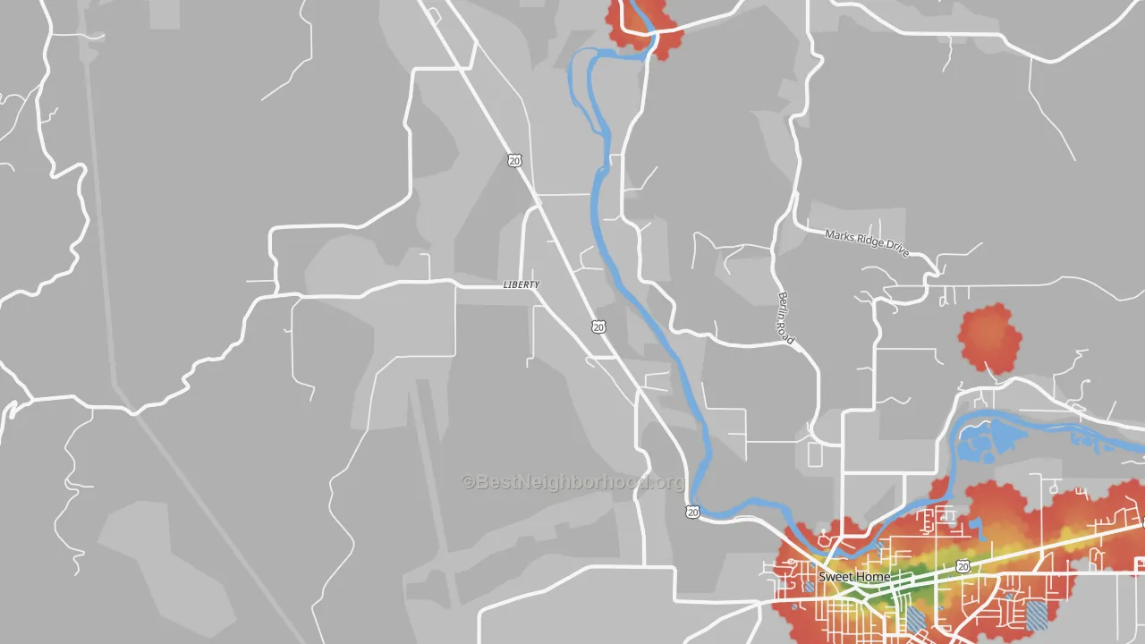 Walk Grade map of Liberty, OR, walkable areas in green and car-dependent areas in red