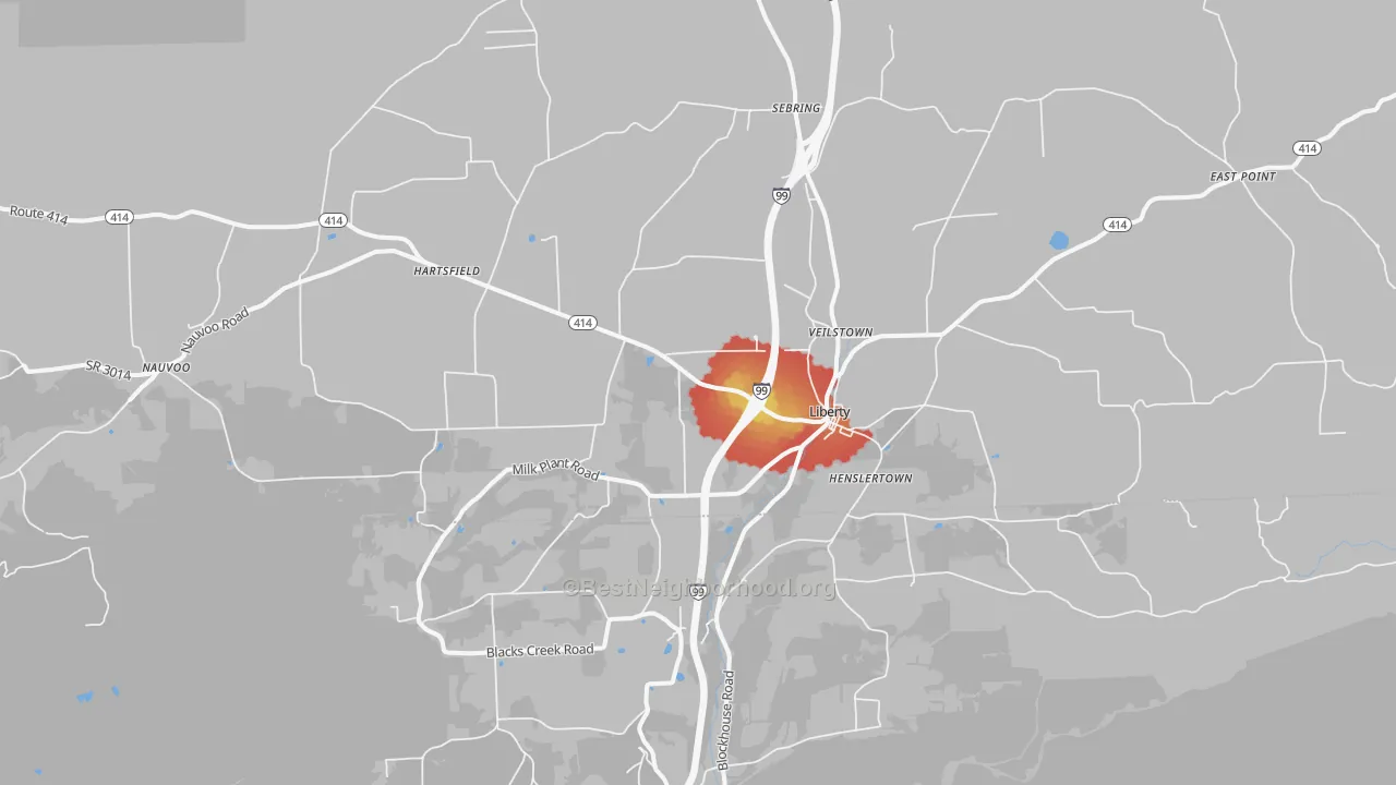 Walk Grade map of Liberty, PA, walkable areas in green and car-dependent areas in red