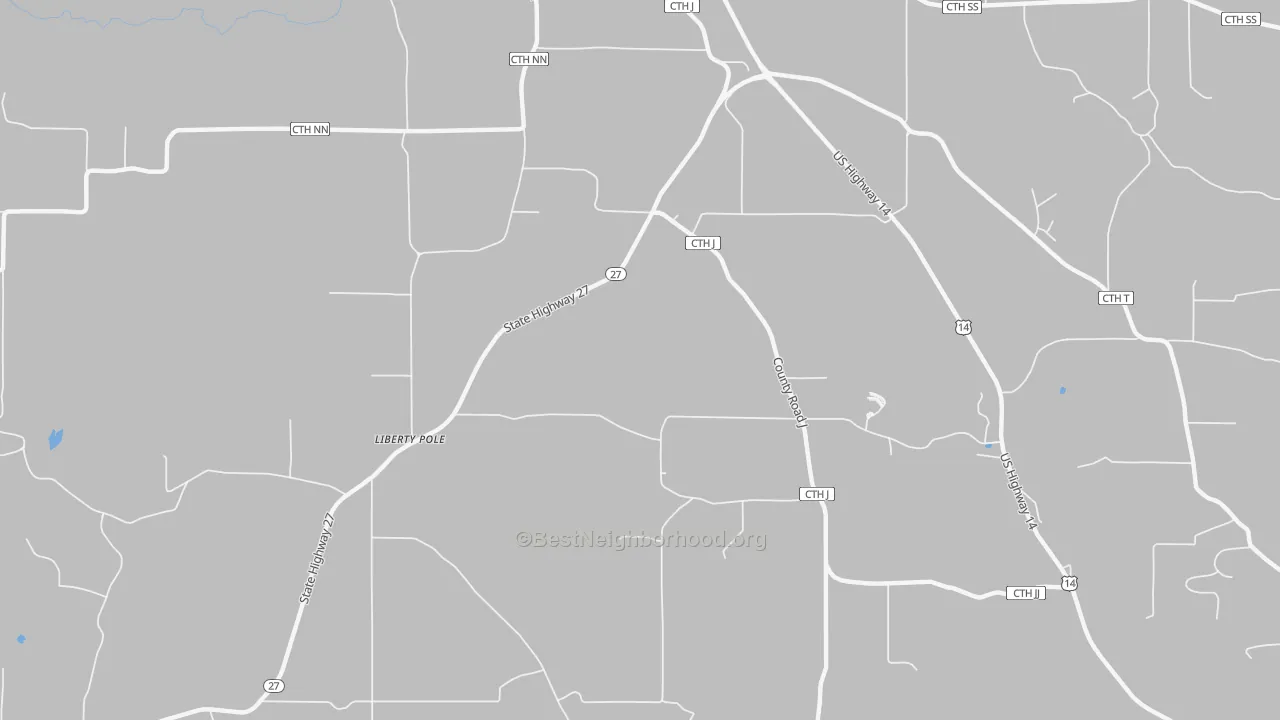 Walk Grade map of Liberty Pole, WI, walkable areas in green and car-dependent areas in red