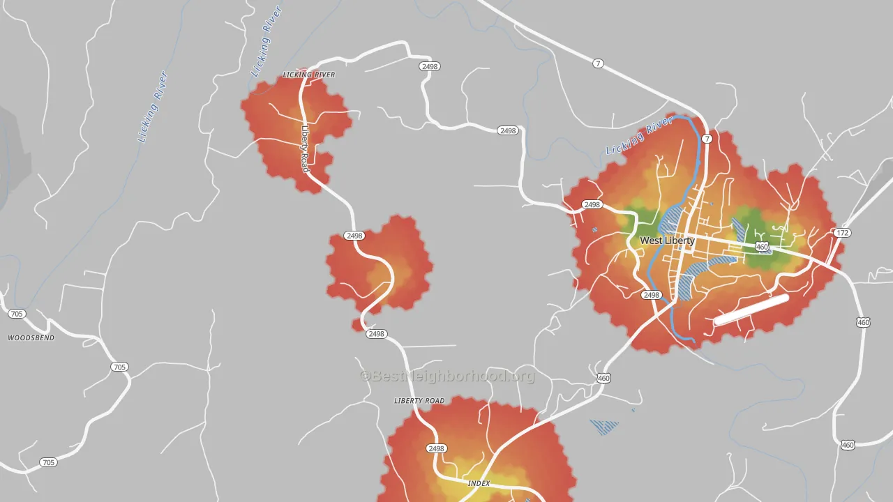 Walk Grade map of Liberty Road, KY, walkable areas in green and car-dependent areas in red