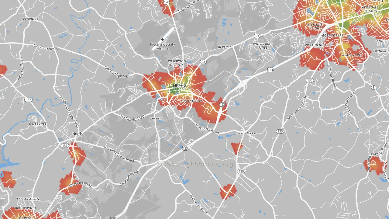 Walk Grade map of Liberty, SC, walkable areas in green and car-dependent areas in red