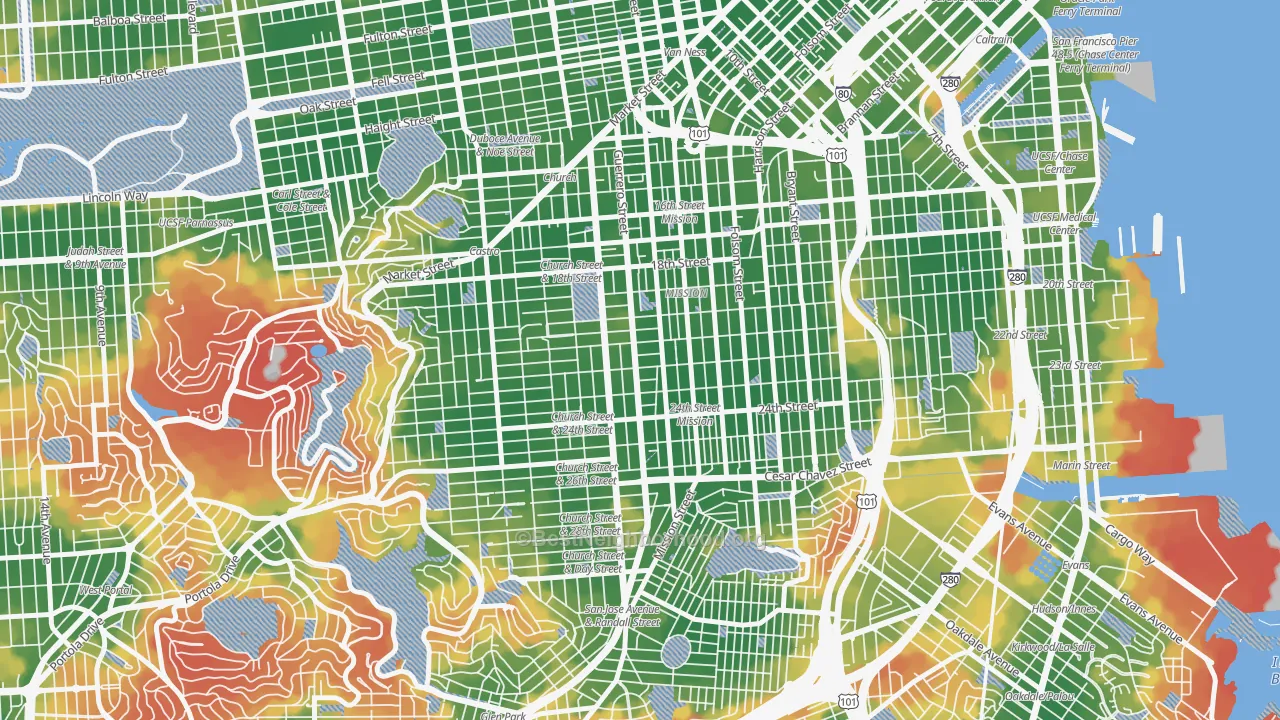 Walk Grade map of Liberty Street Historic District, San Francisco, CA, walkable areas in green and car-dependent areas in red