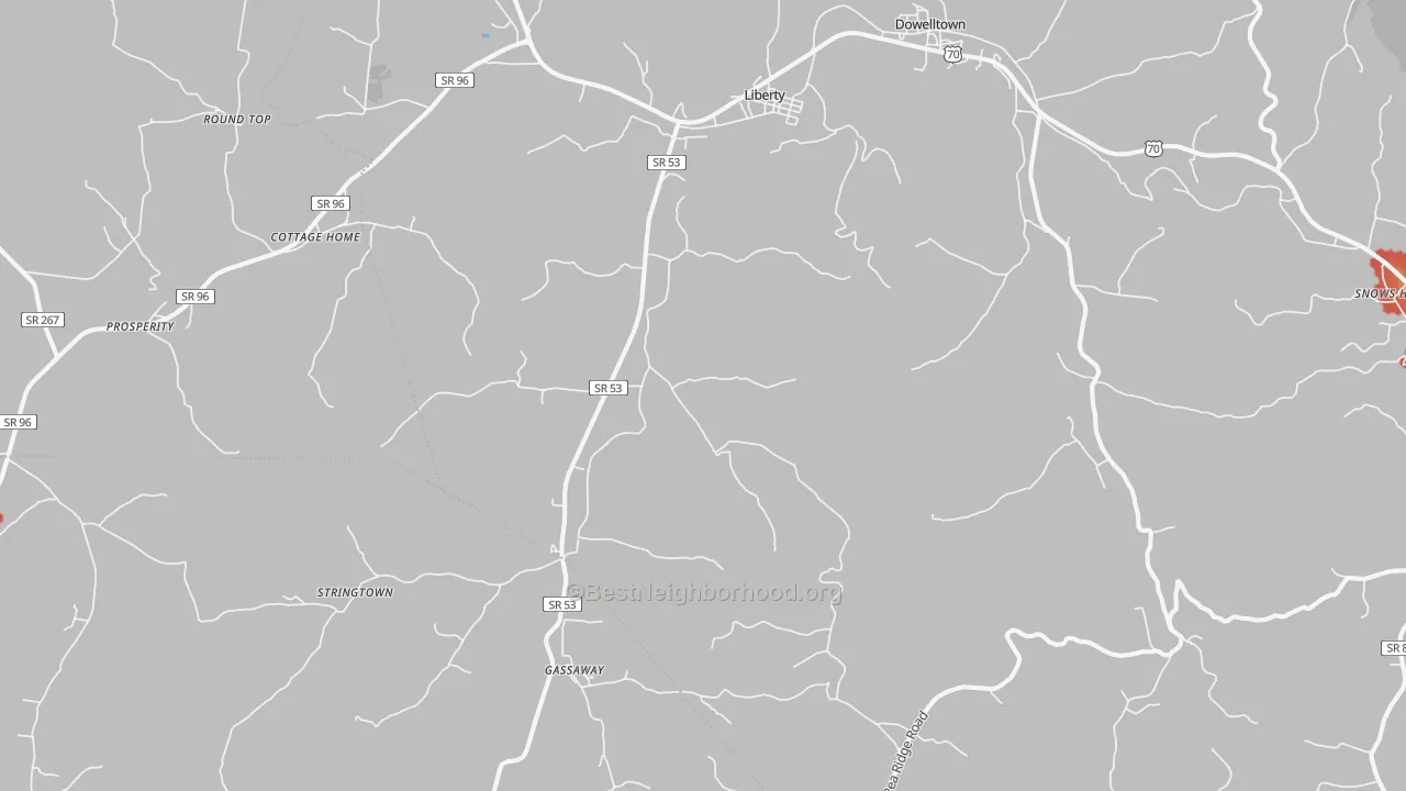 Walk Grade map of Liberty, TN, walkable areas in green and car-dependent areas in red