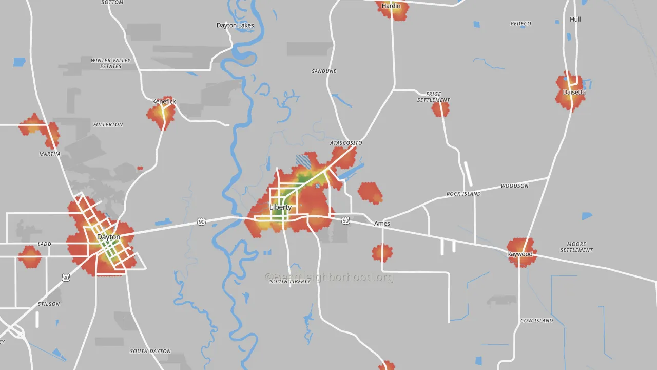 Walk Grade map of Liberty, TX, walkable areas in green and car-dependent areas in red