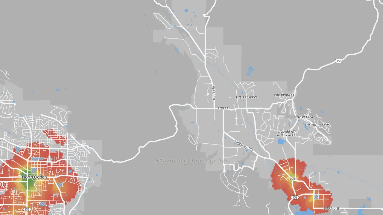 Walk Grade map of Liberty, UT, walkable areas in green and car-dependent areas in red