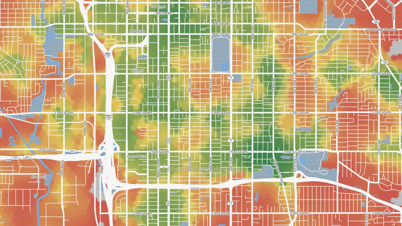 Walk Grade map of Liberty Wells, Salt Lake City, UT, walkable areas in green and car-dependent areas in red