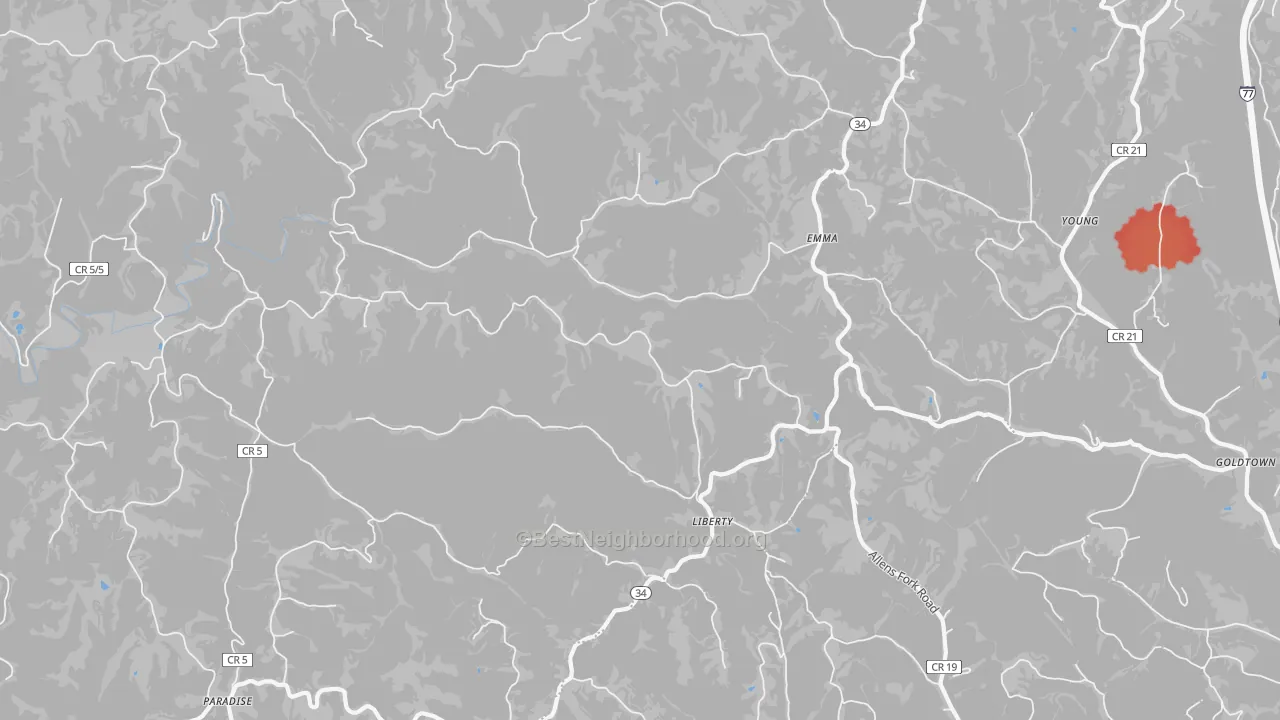 Walk Grade map of Liberty, WV, walkable areas in green and car-dependent areas in red
