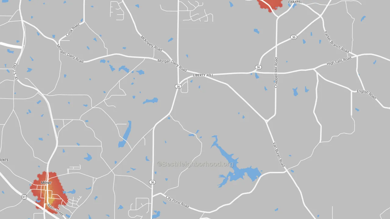 Walk Grade map of Libertyhill, GA, walkable areas in green and car-dependent areas in red