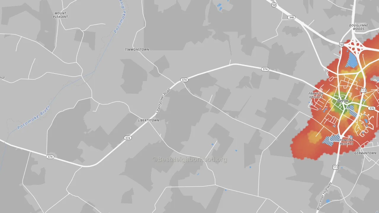 Walk Grade map of Libertytown, MD, walkable areas in green and car-dependent areas in red