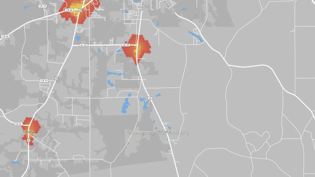 Walk Grade map of Libertyville, AL, walkable areas in green and car-dependent areas in red