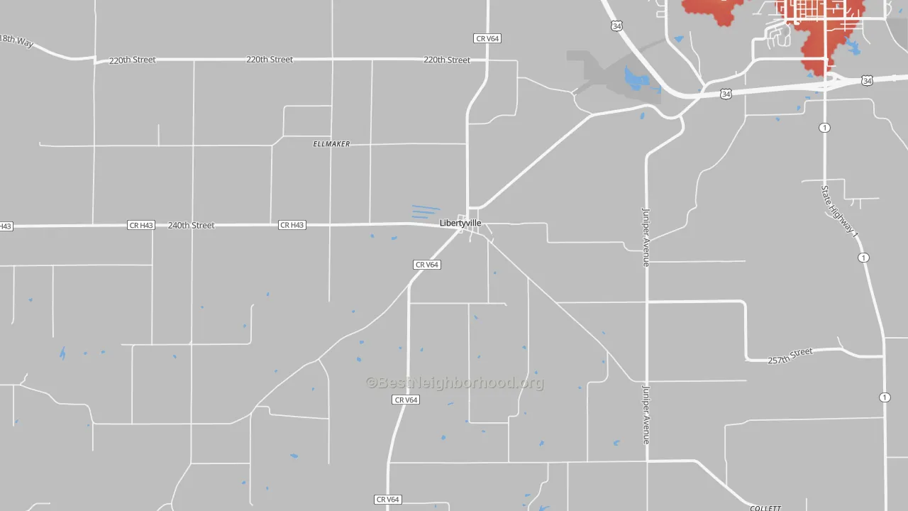 Walk Grade map of Libertyville, IA, walkable areas in green and car-dependent areas in red